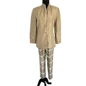 Lord & Taylor 100% Silk Suit Set Blazer & Tartan Plaid Trousers Womens 4 Petite